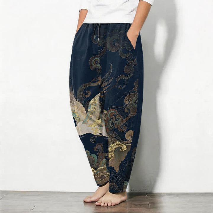 Buddha Stones Pantalon fuselé pour homme en pur coton, motif grues, nuages ​​et vagues, avec cordon de serrage et poches. - image 8