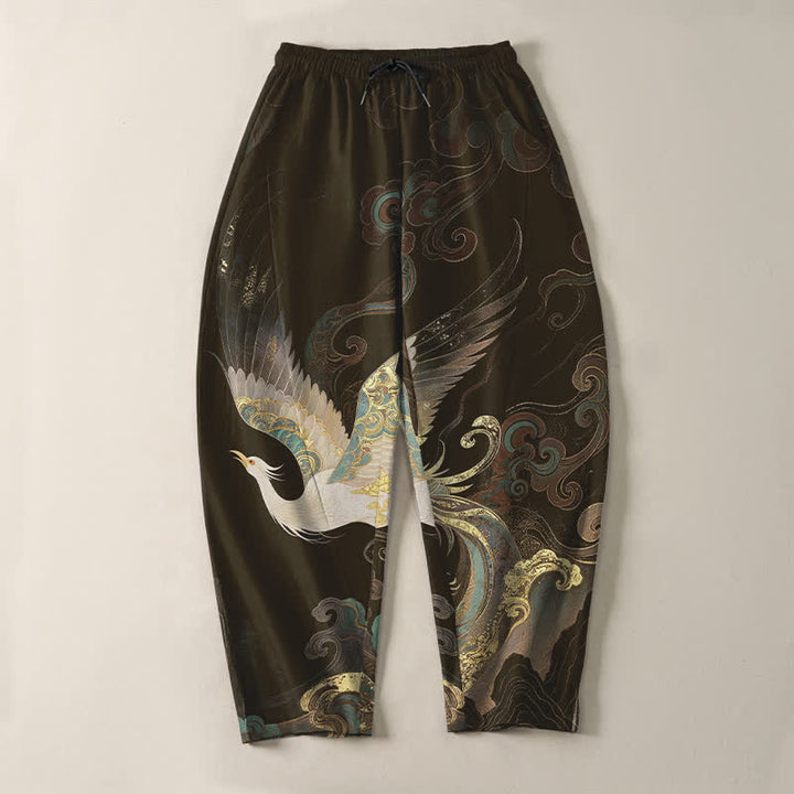 Buddha Stones Pantalon fuselé pour homme en pur coton, motif grues, nuages ​​et vagues, avec cordon de serrage et poches. - image 13