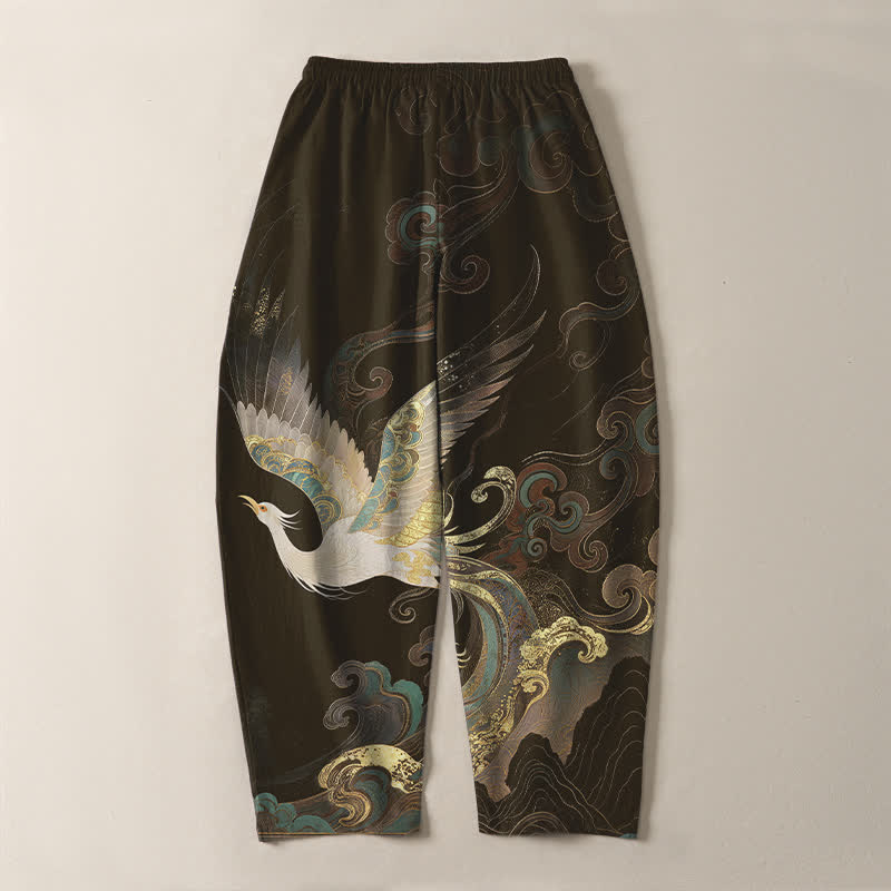 Buddha Stones Pantalon fuselé pour homme en pur coton, motif grues, nuages ​​et vagues, avec cordon de serrage et poches. - image 14