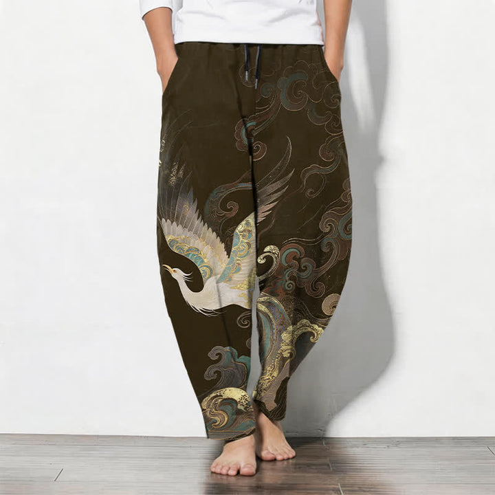 Buddha Stones Pantalon fuselé pour homme en pur coton, motif grues, nuages ​​et vagues, avec cordon de serrage et poches. - SaddleBrown - US/UK/AU50，EU60 (5XL) - image 11