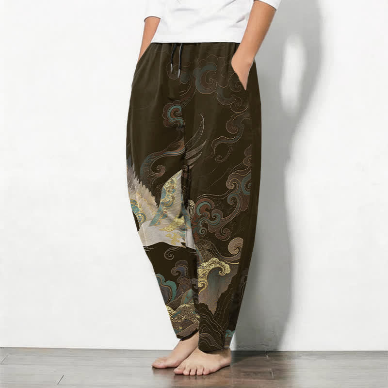 Buddha Stones Pantalon fuselé pour homme en pur coton, motif grues, nuages ​​et vagues, avec cordon de serrage et poches. - image 12