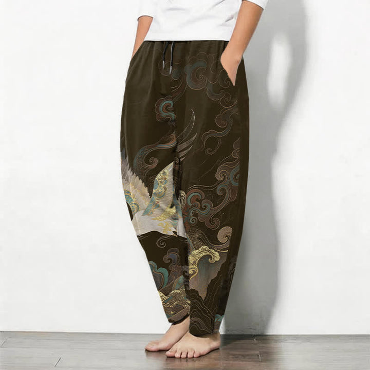 Buddha Stones Pantalon fuselé pour homme en pur coton, motif grues, nuages ​​et vagues, avec cordon de serrage et poches. - image 12