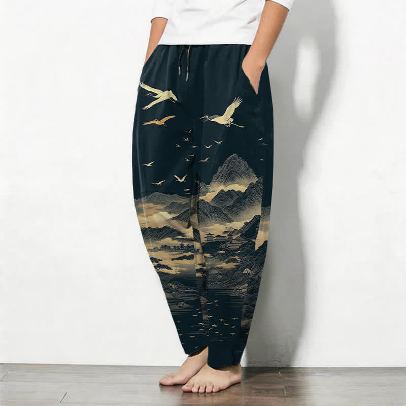 Buddha Stones Pantalon fuselé pour homme en pur coton, motif grue de montagne et nuages, cordon de serrage et poches - image 1