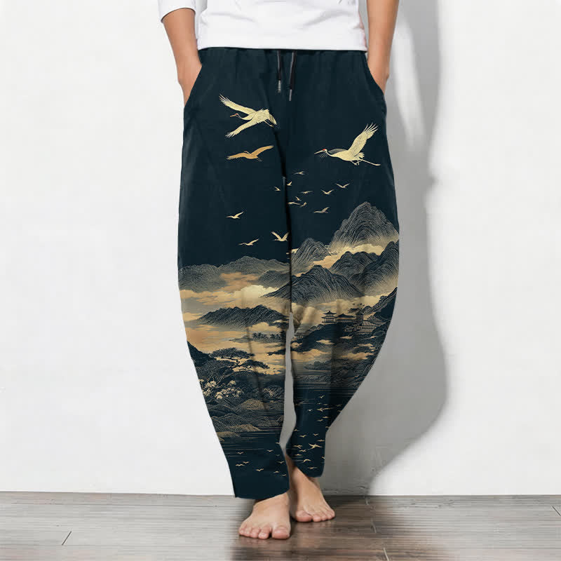 Buddha Stones Pantalon fuselé pour homme en pur coton, motif grue de montagne et nuages, cordon de serrage et poches - Bleu nuit - US/UK/AU50，EU60 (5XL) - image 0