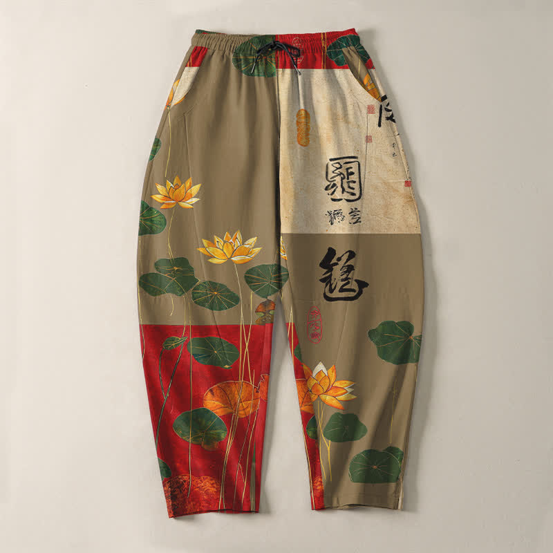 Buddha Stones Pantalon fuselé pour homme en pur coton avec cordon de serrage, motif patchwork de calligraphie lotus et poches - image 9