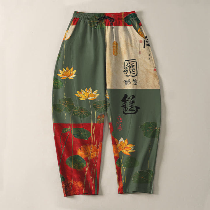 Buddha Stones Pantalon fuselé pour homme en pur coton avec cordon de serrage, motif patchwork de calligraphie lotus et poches - image 13