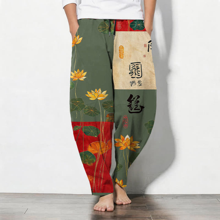Buddha Stones Pantalon fuselé pour homme en pur coton avec cordon de serrage, motif patchwork de calligraphie lotus et poches - Vert olive - US/UK/AU50，EU60 (5XL) - image 11