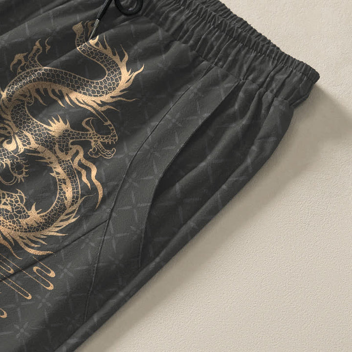 Buddha Stones Pantalon fuselé pour homme en pur coton, motif dragon doré, cordon de serrage et poches - image 4