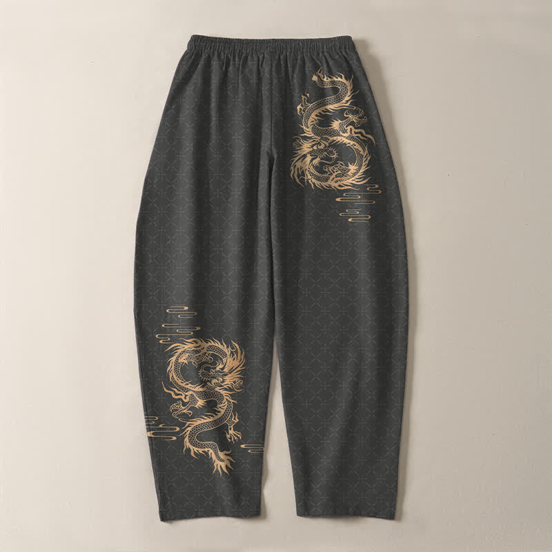 Buddha Stones Pantalon fuselé pour homme en pur coton, motif dragon doré, cordon de serrage et poches - image 3