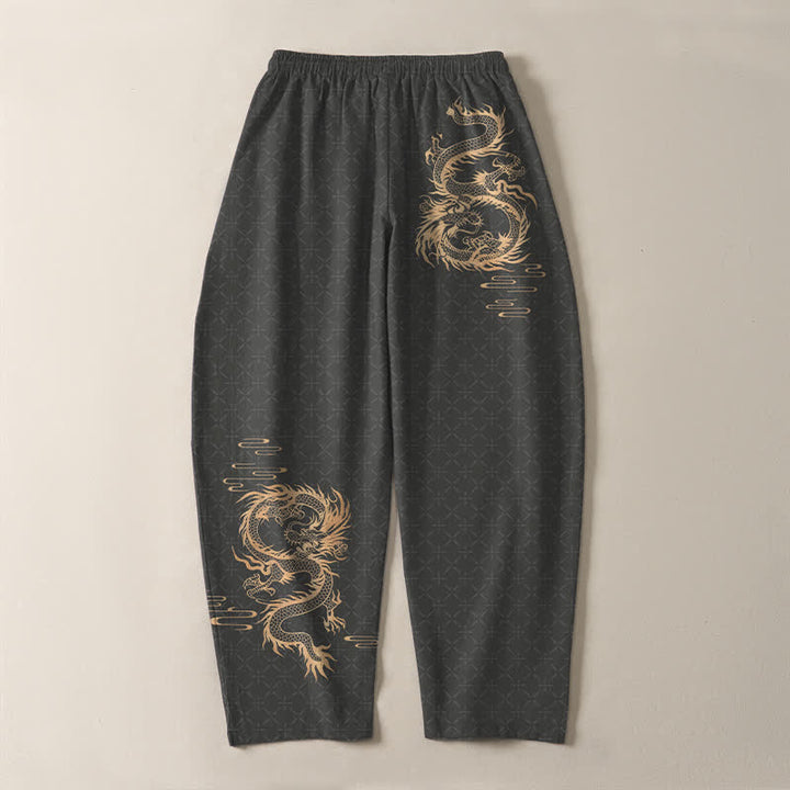 Buddha Stones Pantalon fuselé pour homme en pur coton, motif dragon doré, cordon de serrage et poches - image 3