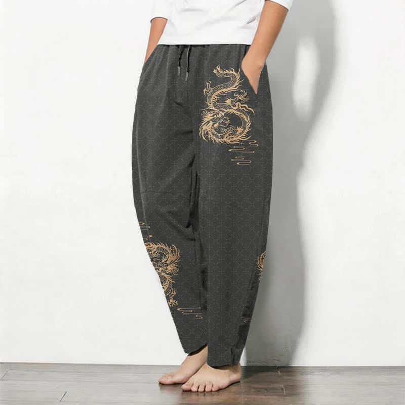 Buddha Stones Pantalon fuselé pour homme en pur coton, motif dragon doré, cordon de serrage et poches - image 1