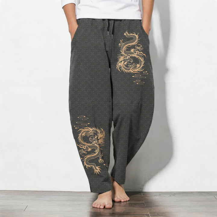 Buddha Stones Pantalon fuselé pour homme en pur coton, motif dragon doré, cordon de serrage et poches - Gris terne - US/UK/AU50，EU60 (5XL) - image 0