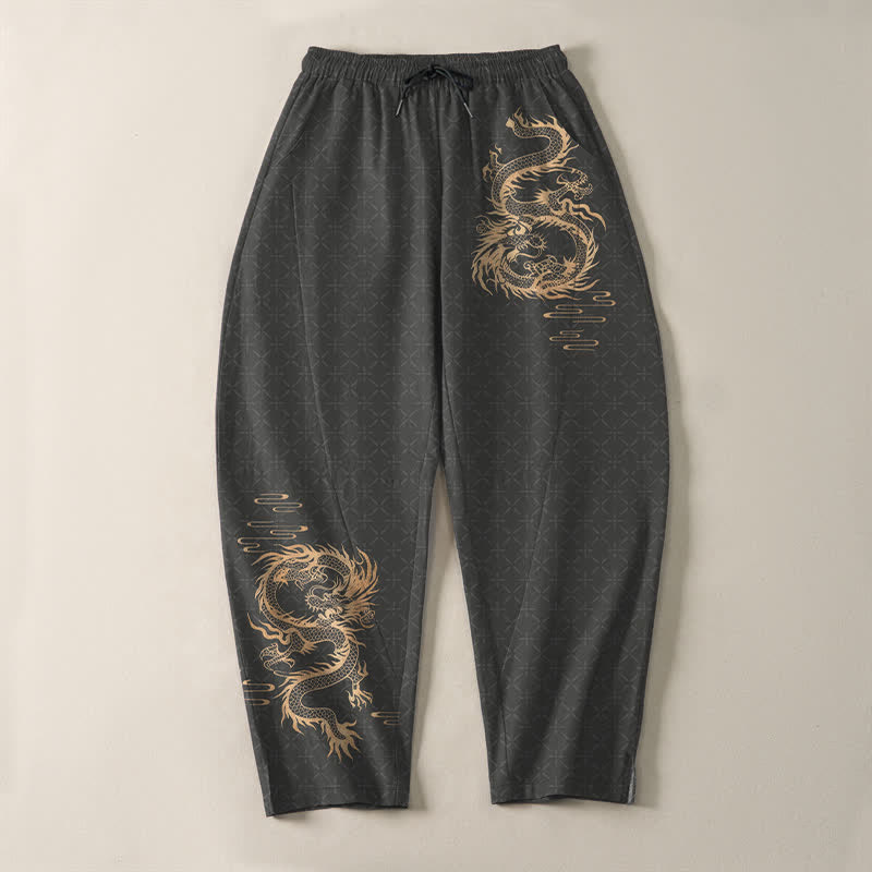 Buddha Stones Pantalon fuselé pour homme en pur coton, motif dragon doré, cordon de serrage et poches - image 2