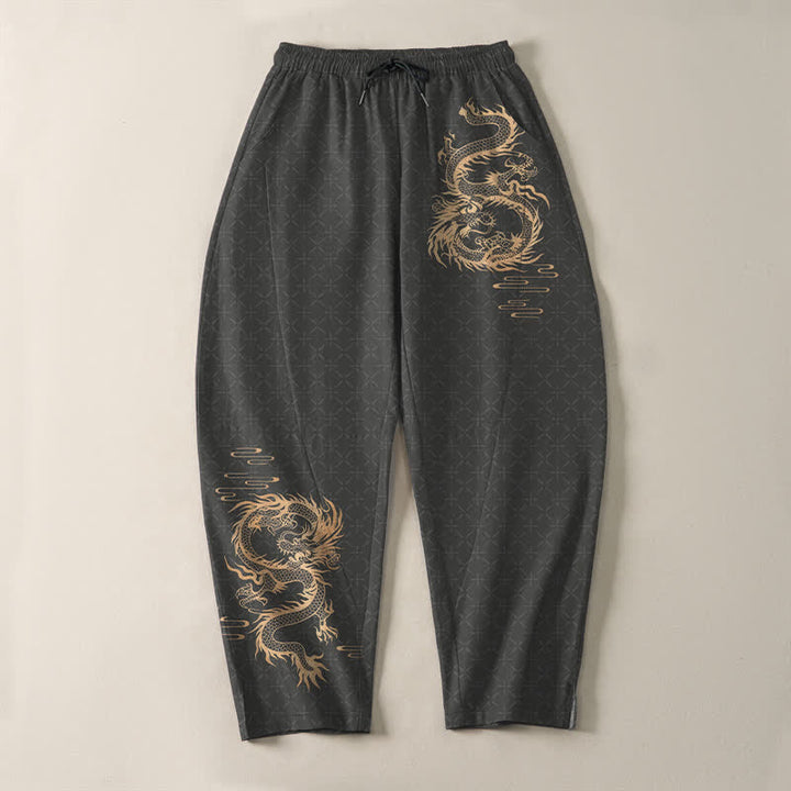 Buddha Stones Pantalon fuselé pour homme en pur coton, motif dragon doré, cordon de serrage et poches - image 2