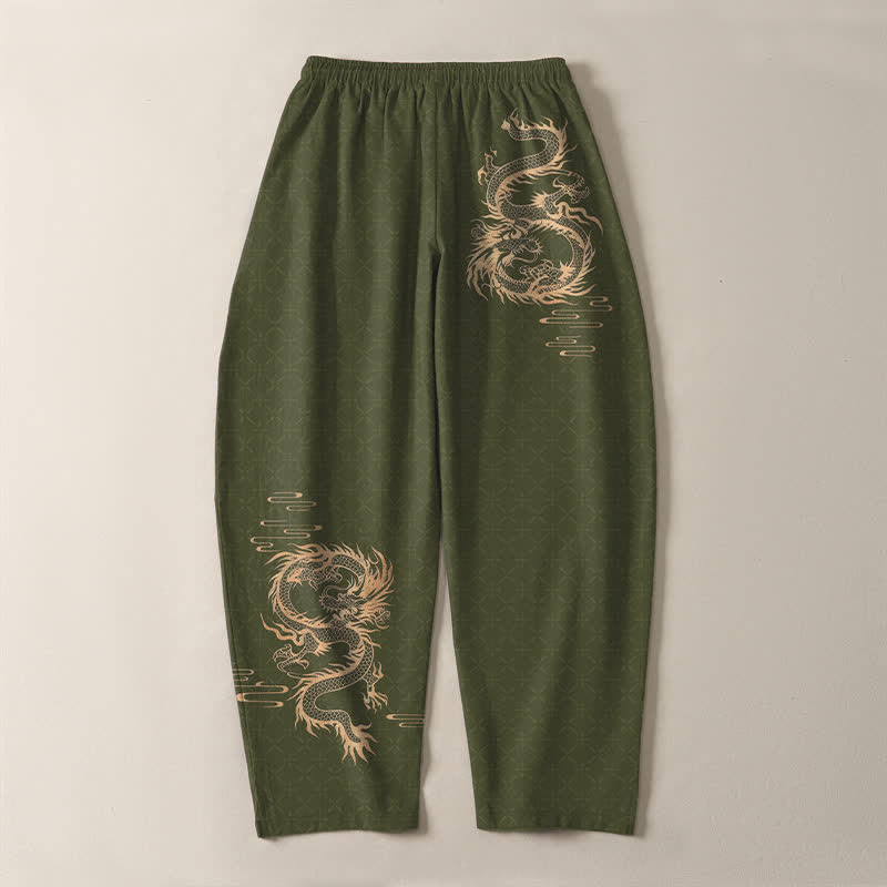 Buddha Stones Pantalon fuselé pour homme en pur coton, motif dragon doré, cordon de serrage et poches - image 10