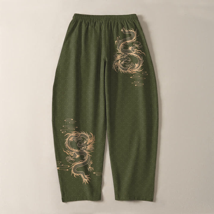 Buddha Stones Pantalon fuselé pour homme en pur coton, motif dragon doré, cordon de serrage et poches - image 10