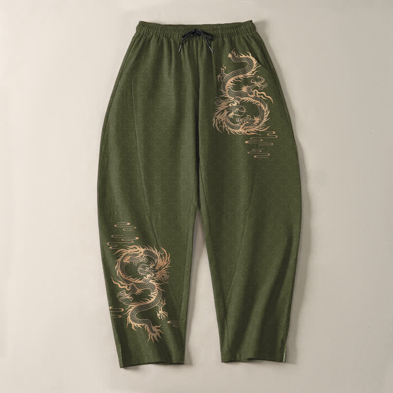 Buddha Stones Pantalon fuselé pour homme en pur coton, motif dragon doré, cordon de serrage et poches - image 9