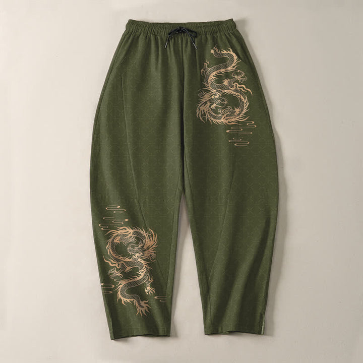 Buddha Stones Pantalon fuselé pour homme en pur coton, motif dragon doré, cordon de serrage et poches - image 9