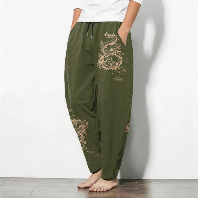Buddha Stones Pantalon fuselé pour homme en pur coton, motif dragon doré, cordon de serrage et poches - image 8