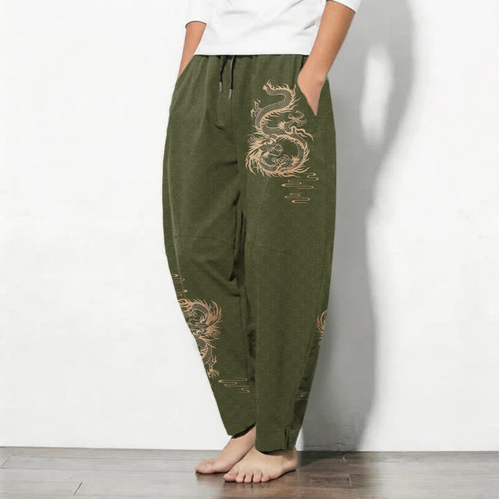 Buddha Stones Pantalon fuselé pour homme en pur coton, motif dragon doré, cordon de serrage et poches - image 8