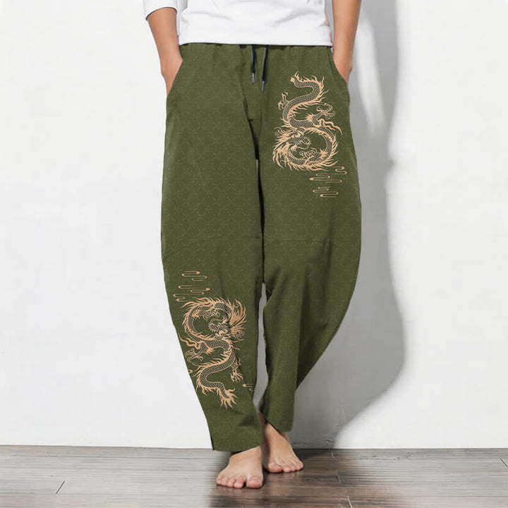 Buddha Stones Pantalon fuselé pour homme en pur coton, motif dragon doré, cordon de serrage et poches - Vert olive - US/UK/AU50，EU60 (5XL) - image 7
