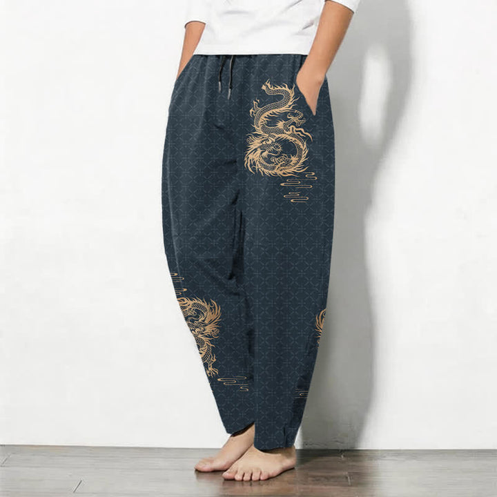 Buddha Stones Pantalon fuselé pour homme en pur coton, motif dragon doré, cordon de serrage et poches - image 12