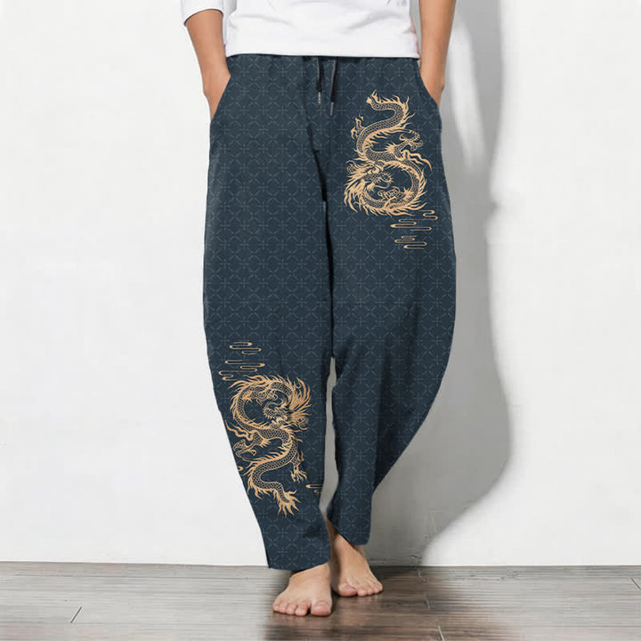 Buddha Stones Pantalon fuselé pour homme en pur coton, motif dragon doré, cordon de serrage et poches - Gris ardoise foncé - US/UK/AU50，EU60 (5XL) - image 11