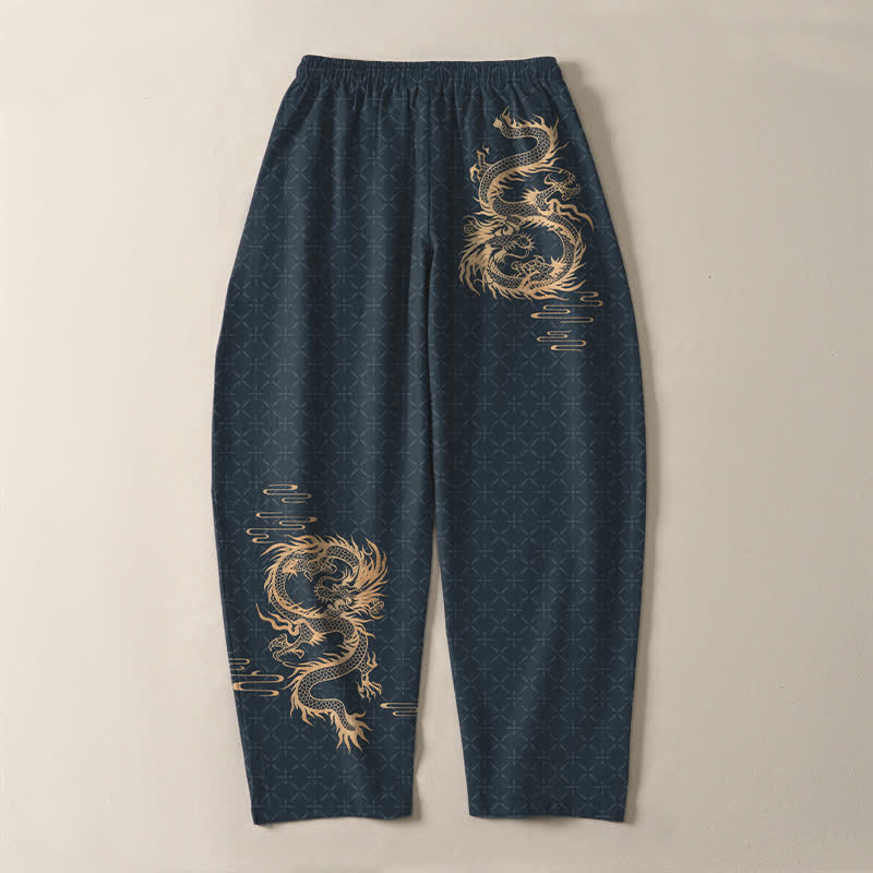 Buddha Stones Pantalon fuselé pour homme en pur coton, motif dragon doré, cordon de serrage et poches - image 14