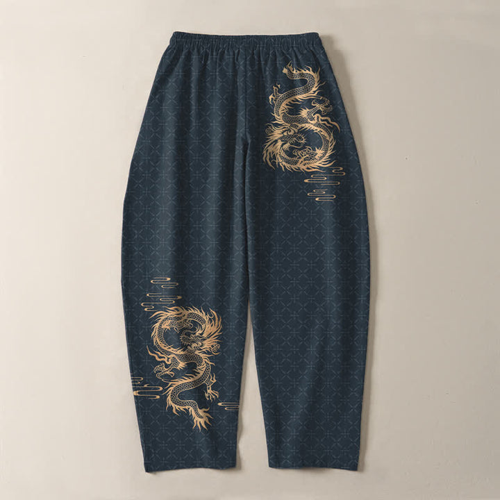 Buddha Stones Pantalon fuselé pour homme en pur coton, motif dragon doré, cordon de serrage et poches - image 14