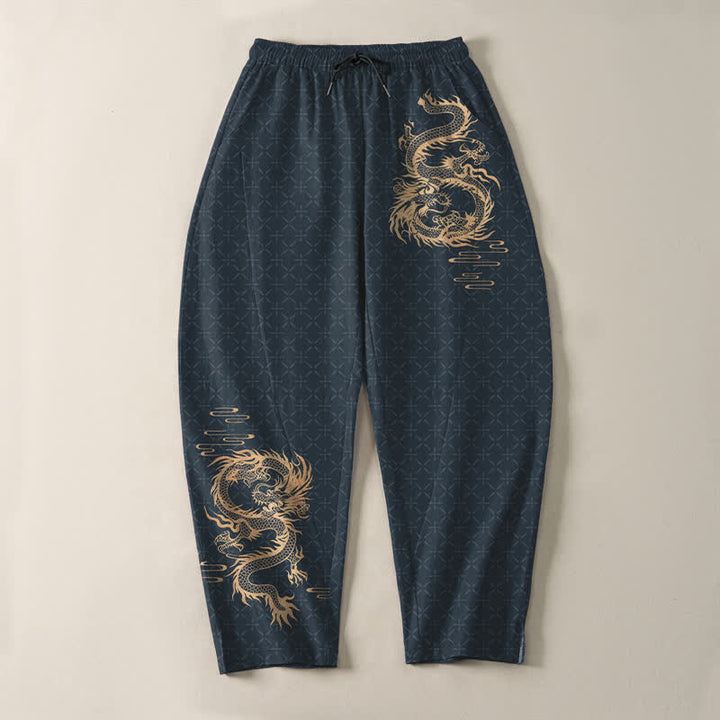 Buddha Stones Pantalon fuselé pour homme en pur coton, motif dragon doré, cordon de serrage et poches - image 13