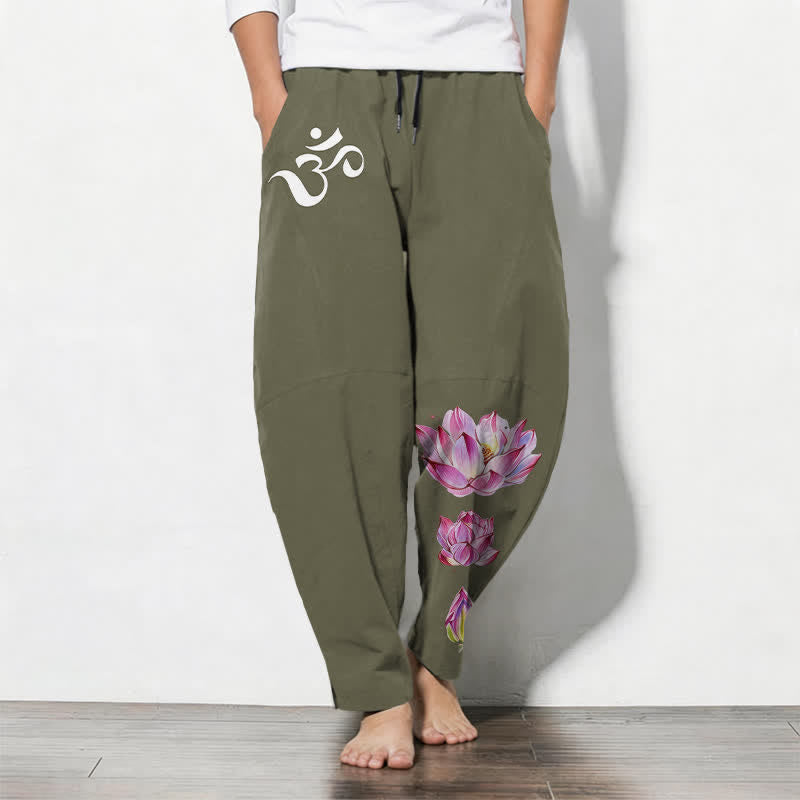 Buddha Stones Pantalon fuselé pour homme en pur coton rose à motif lotus Om, cordon de serrage et poches - Vert olive - US/UK/AU50，EU60 (5XL) - image 0