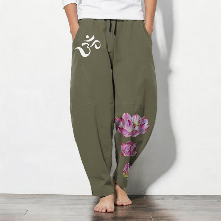Buddha Stones Pantalon fuselé pour homme en pur coton rose à motif lotus Om, cordon de serrage et poches - Vert olive - US/UK/AU50，EU60 (5XL) - image 0