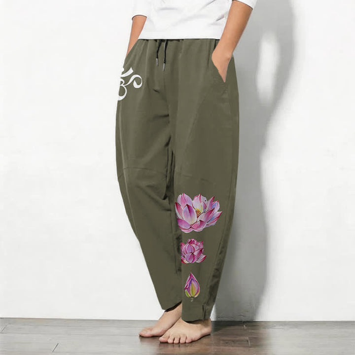 Buddha Stones Pantalon fuselé pour homme en pur coton rose à motif lotus Om, cordon de serrage et poches - image 1
