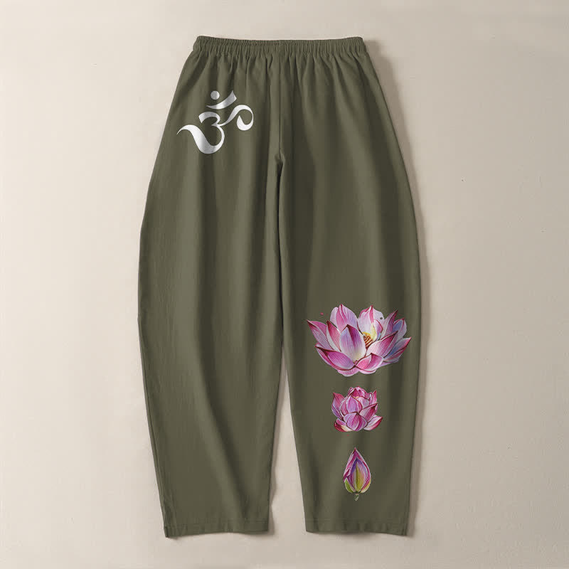 Buddha Stones Pantalon fuselé pour homme en pur coton rose à motif lotus Om, cordon de serrage et poches - image 3
