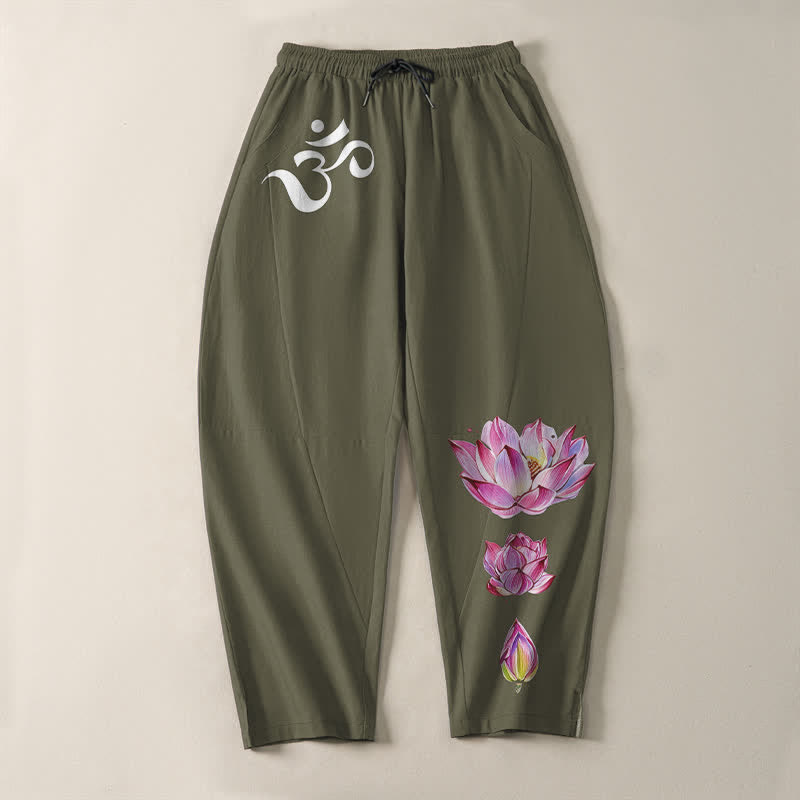 Buddha Stones Pantalon fuselé pour homme en pur coton rose à motif lotus Om, cordon de serrage et poches - image 2