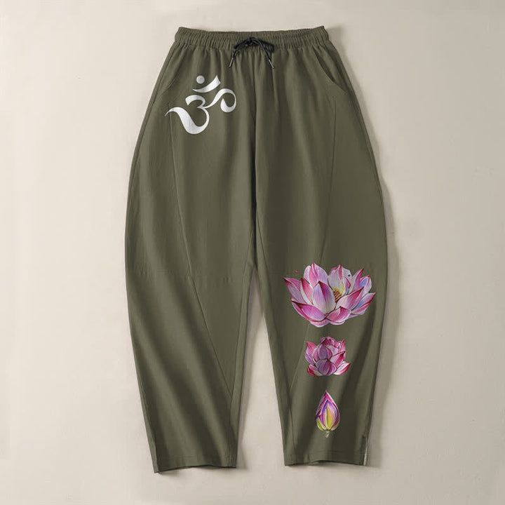 Buddha Stones Pantalon fuselé pour homme en pur coton rose à motif lotus Om, cordon de serrage et poches - image 2