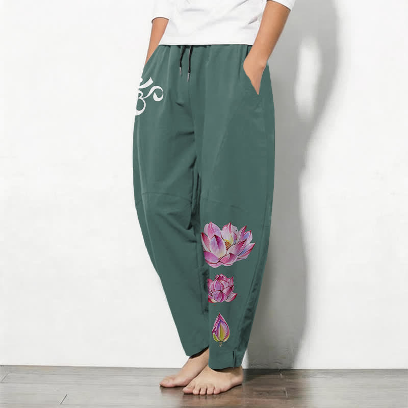 Buddha Stones Pantalon fuselé pour homme en pur coton rose à motif lotus Om, cordon de serrage et poches - image 8
