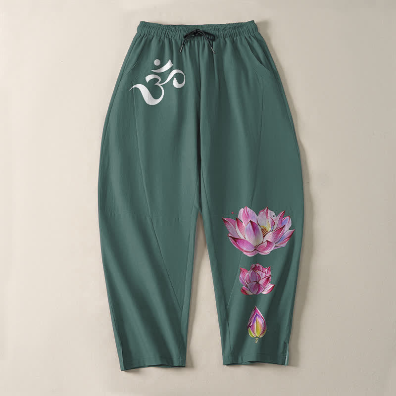 Buddha Stones Pantalon fuselé pour homme en pur coton rose à motif lotus Om, cordon de serrage et poches - image 9