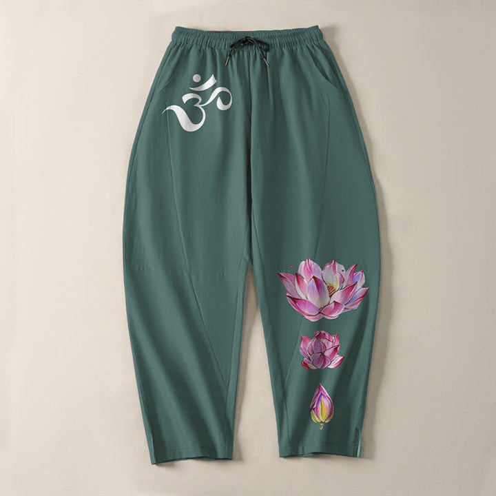Buddha Stones Pantalon fuselé pour homme en pur coton rose à motif lotus Om, cordon de serrage et poches - image 9