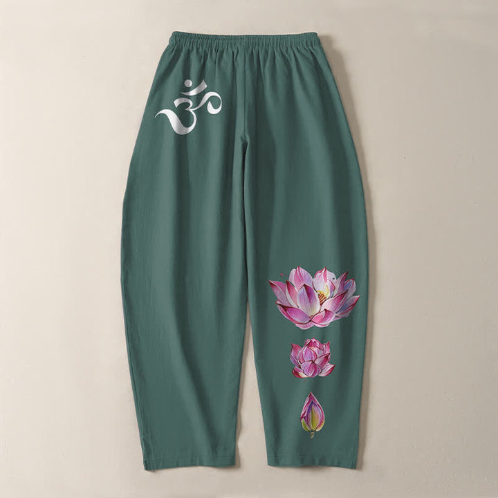 Buddha Stones Pantalon fuselé pour homme en pur coton rose à motif lotus Om, cordon de serrage et poches - image 10