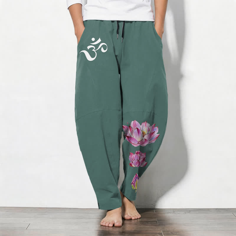 Buddha Stones Pantalon fuselé pour homme en pur coton rose à motif lotus Om, cordon de serrage et poches - Sarcelle - US/UK/AU50，EU60 (5XL) - image 7
