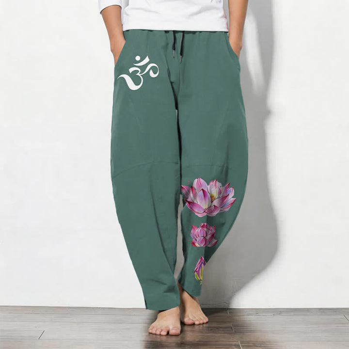 Buddha Stones Pantalon fuselé pour homme en pur coton rose à motif lotus Om, cordon de serrage et poches - Sarcelle - US/UK/AU50，EU60 (5XL) - image 7