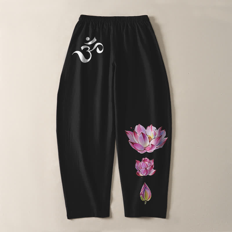 Buddha Stones Pantalon fuselé pour homme en pur coton rose à motif lotus Om, cordon de serrage et poches - image 14