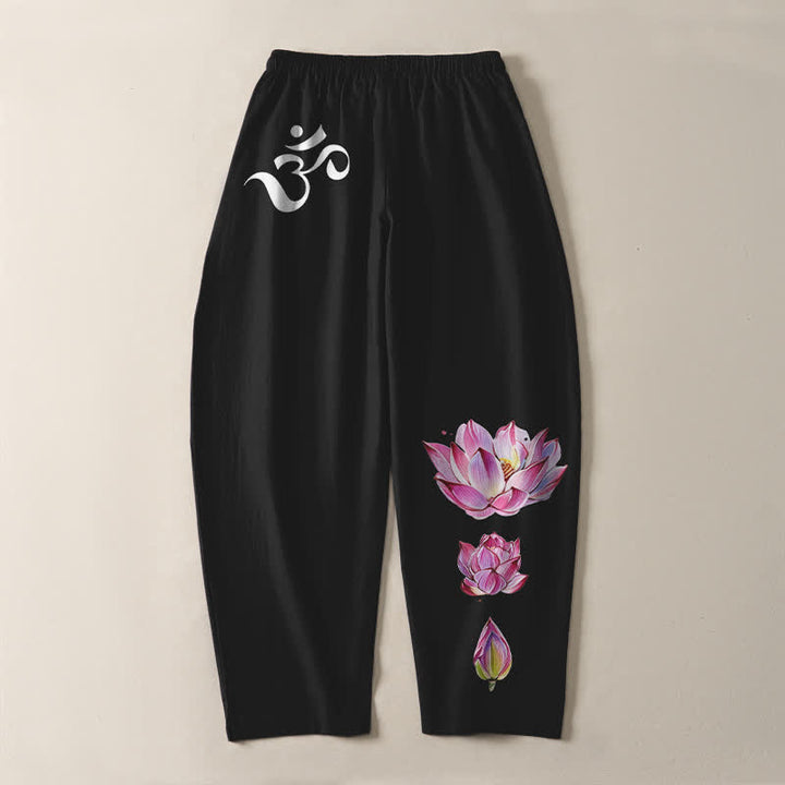 Buddha Stones Pantalon fuselé pour homme en pur coton rose à motif lotus Om, cordon de serrage et poches - image 14