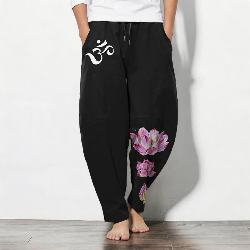 Buddha Stones Pantalon fuselé pour homme en pur coton rose à motif lotus Om, cordon de serrage et poches - Noir - US/UK/AU50，EU60 (5XL) - image 11