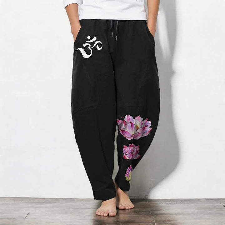 Buddha Stones Pantalon fuselé pour homme en pur coton rose à motif lotus Om, cordon de serrage et poches - Noir - US/UK/AU50，EU60 (5XL) - image 11