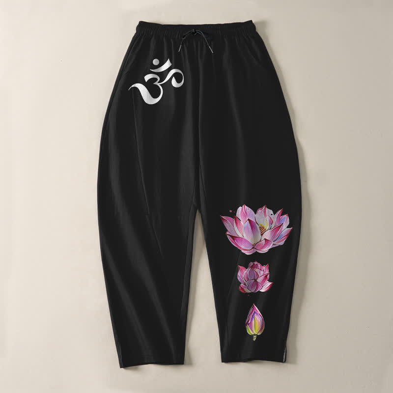 Buddha Stones Pantalon fuselé pour homme en pur coton rose à motif lotus Om, cordon de serrage et poches - image 13