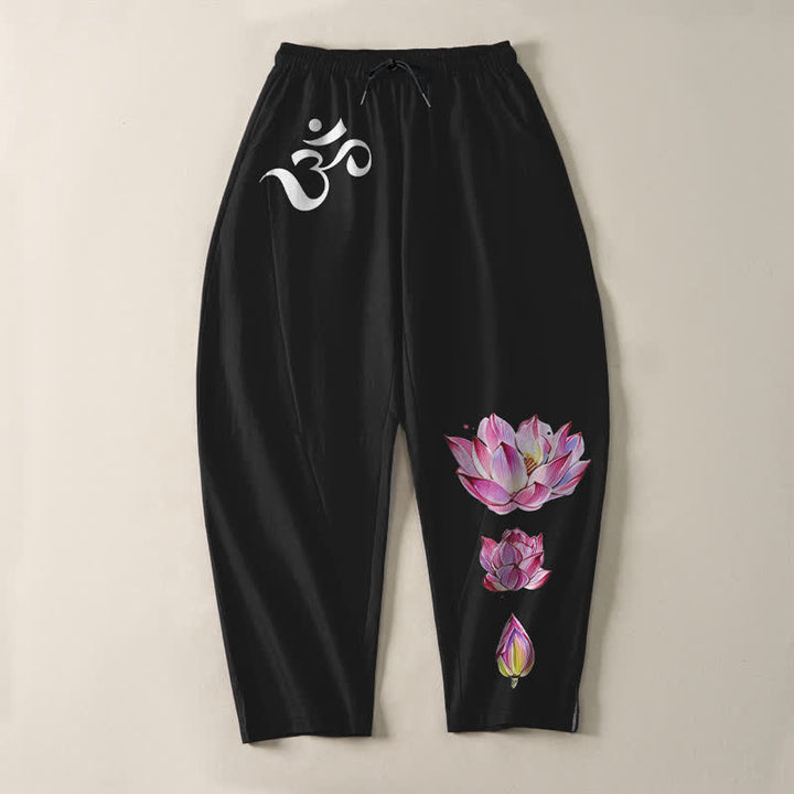 Buddha Stones Pantalon fuselé pour homme en pur coton rose à motif lotus Om, cordon de serrage et poches - image 13