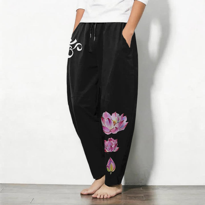 Buddha Stones Pantalon fuselé pour homme en pur coton rose à motif lotus Om, cordon de serrage et poches - image 12