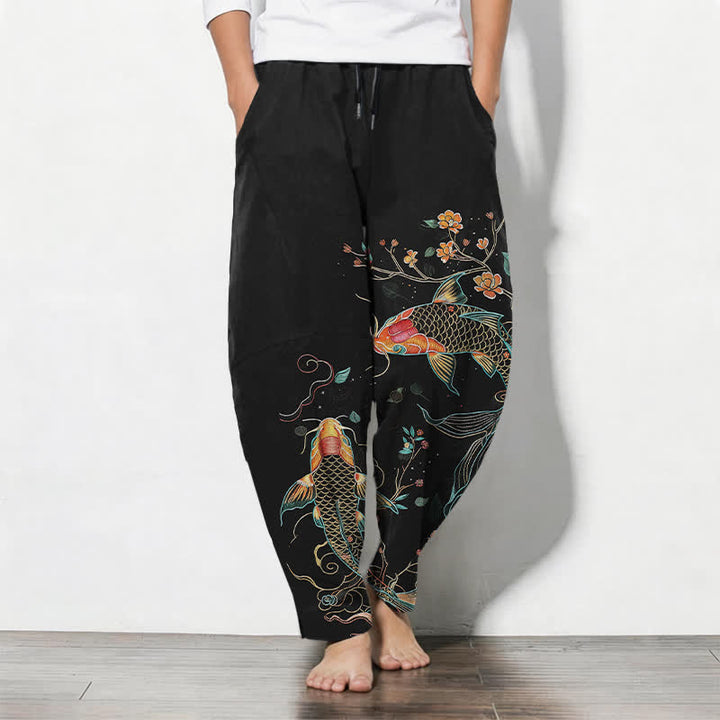 Buddha Stones Pantalon fuselé pour homme en pur coton, motif floral et carpes koï, cordon de serrage et poches - Noir - US/UK/AU50，EU60 (5XL) - image 0